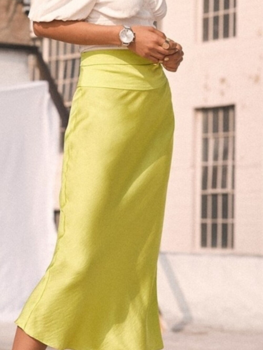 Free People Neon Lime Satin Midi Skirt In Jackfruit Size 12 NWT